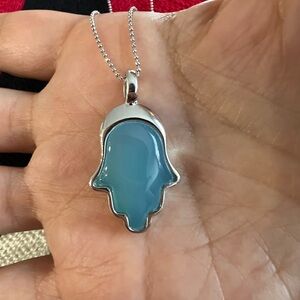 Silver and Blue Quartz Hamsa Pendant Necklace